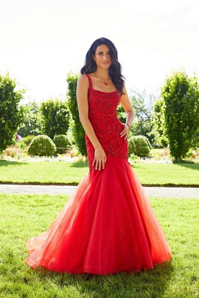 Mori Lee red fitted prom dress