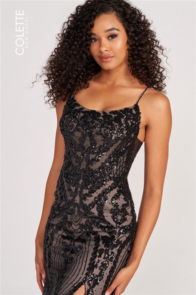 black blush fitted prom dress