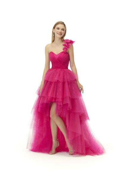 hiigh low unique pink prom dress to show converse trainers easily