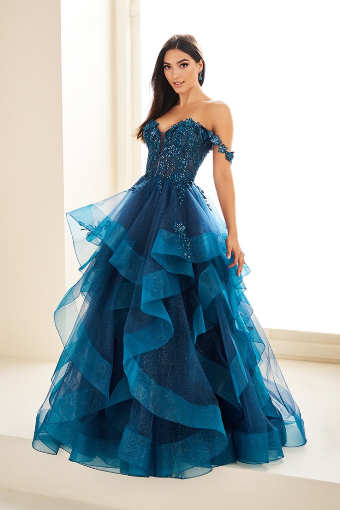 full skirt layered teal ballgown prom dress