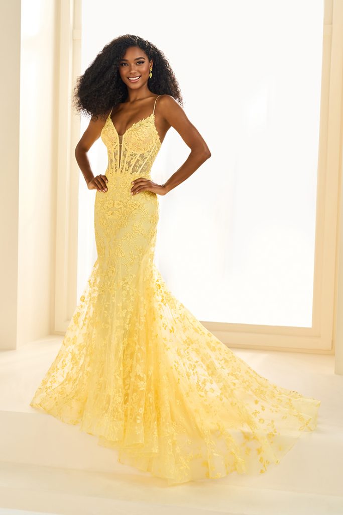 yellow fitted lace prom dresses in City Prom prom dress shop Cardiff