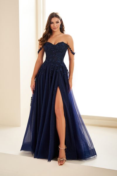navy prom dress with lace and sparkle