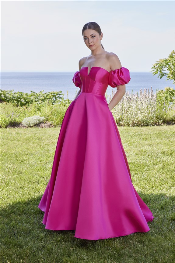 hot pink full skirt prom dress in satin