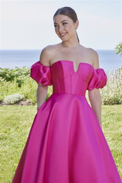 hot pink full skirt prom dress in satin