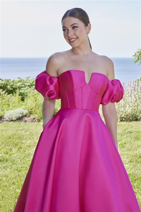 hot pink full skirt prom dress in satin