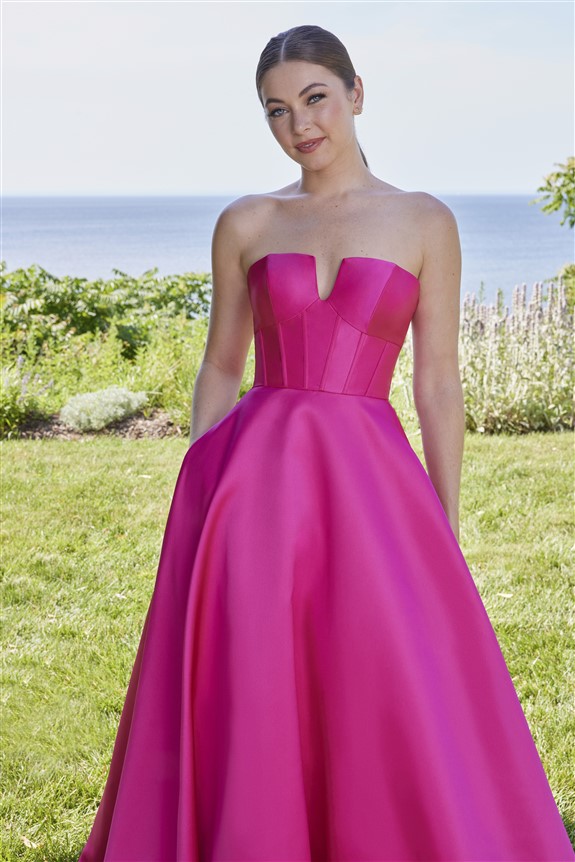 hot pink full skirt prom dress in satin